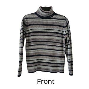 Petite Sophisticate LS Striped Ribbed Turtleneck Top | GUC | MP | Blue Gray